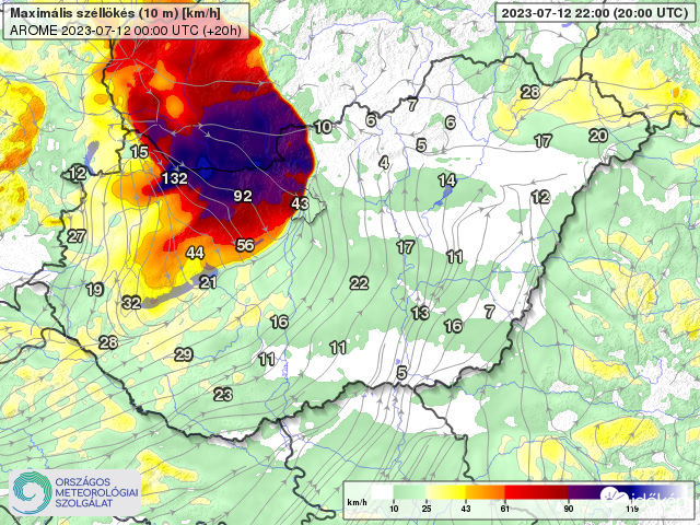 Az AROME modell ma estére 130 km/h-s szélvihart jelez északnyugatra