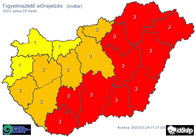 10 megye piros holnap a várható heves zivatarok miatt