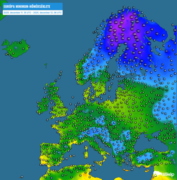 Európa minimum-hőmérsékletei