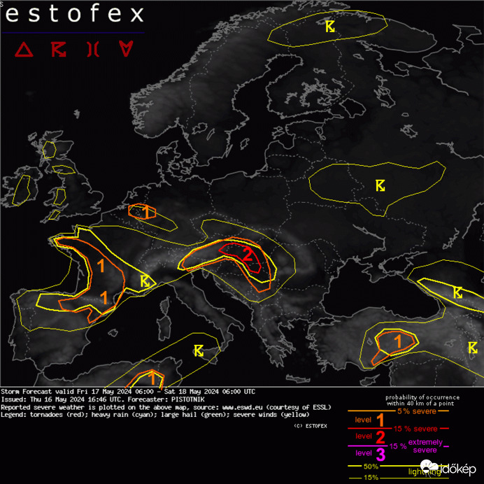 ESTOFEX 2-es a Kisalföldre és középre a várható heves zivatarok, szupercellák miatt.