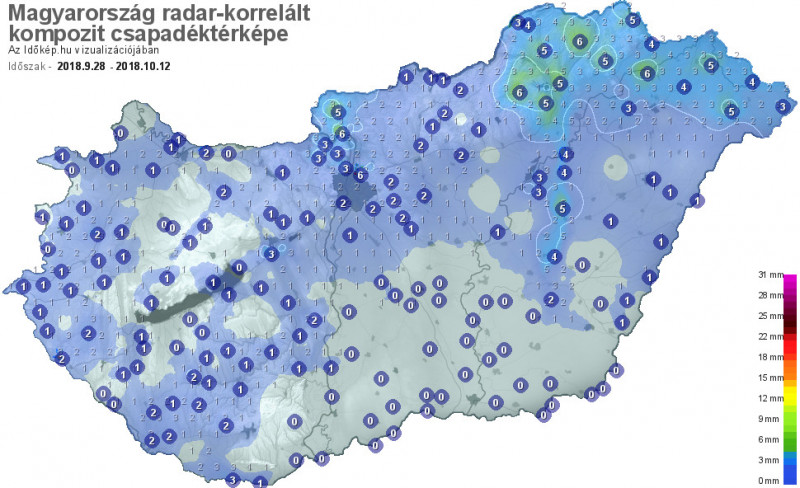 Elmúlt 15 nap csapadékösszege (09.28. - 10.12.)