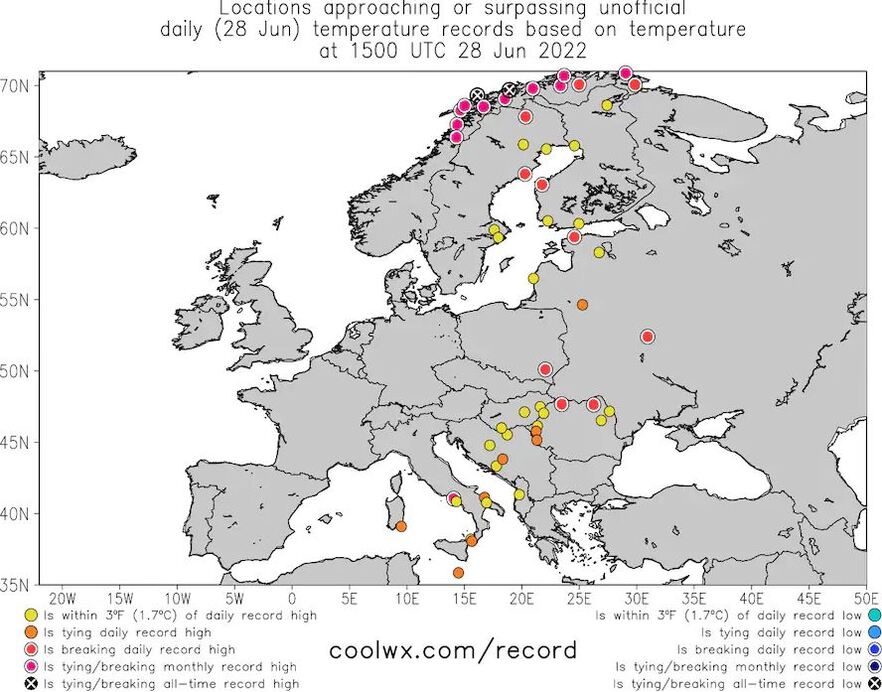 Rekordok Európa-szerte (Forrás: Coolwx.com)