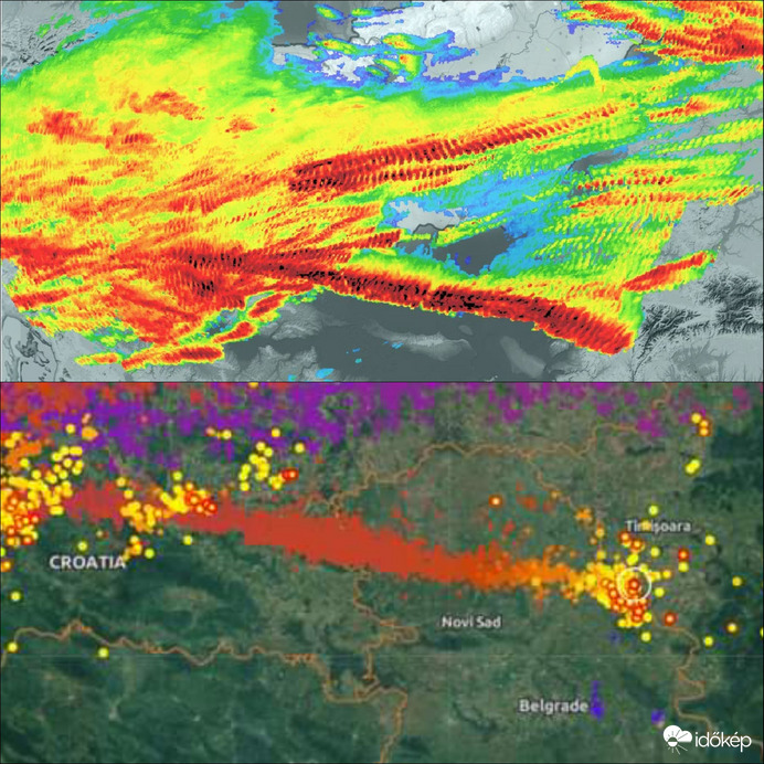 Szupercella útvonala összesített radar- és villámtérképen Szlovéniától Romániáig